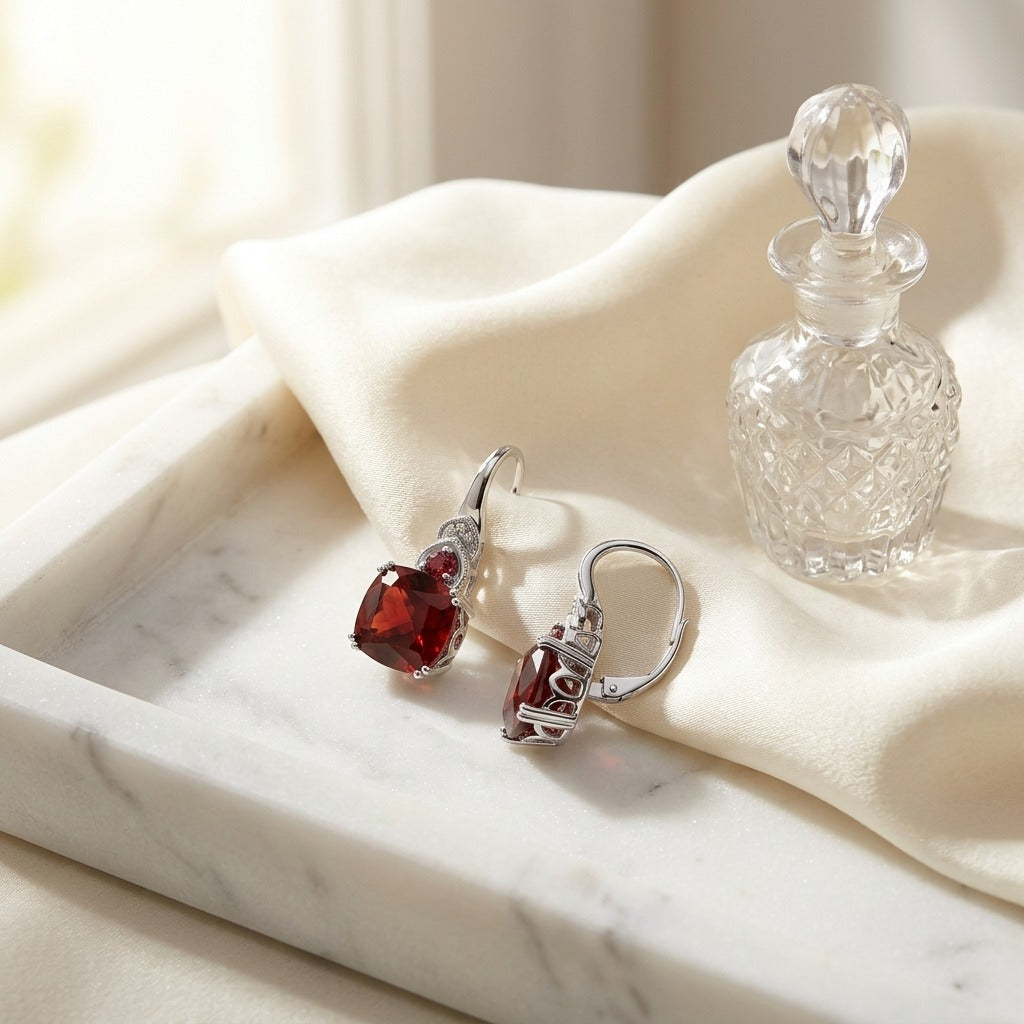 Rhodolite Garnet & Diamond Earrings in 14K White Gold - editorial