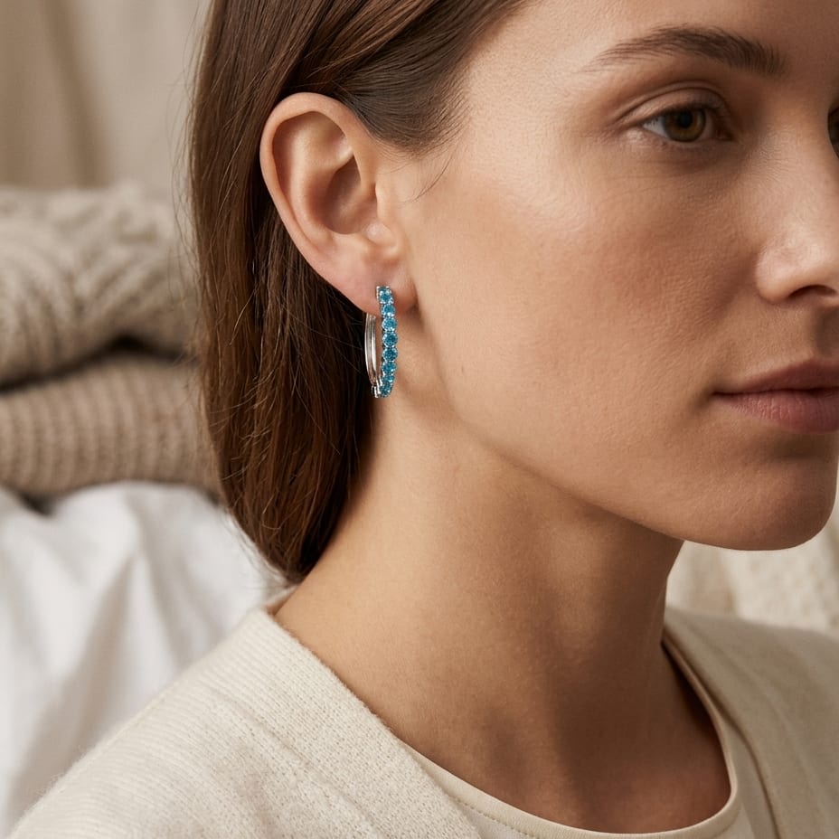 14K Gold 2.40ctw Blue Topaz Hoop Earrings in 14K White Gold - lifestyle