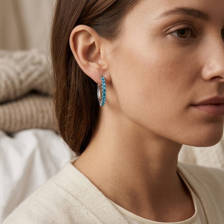 14K Gold 2.40ctw Blue Topaz Hoop Earrings in 14K White Gold - lifestyle
