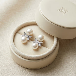 Fresh Water Pearl And Diamond Butterfly Earring in 14K White Gold, in navy velvet jewelry box