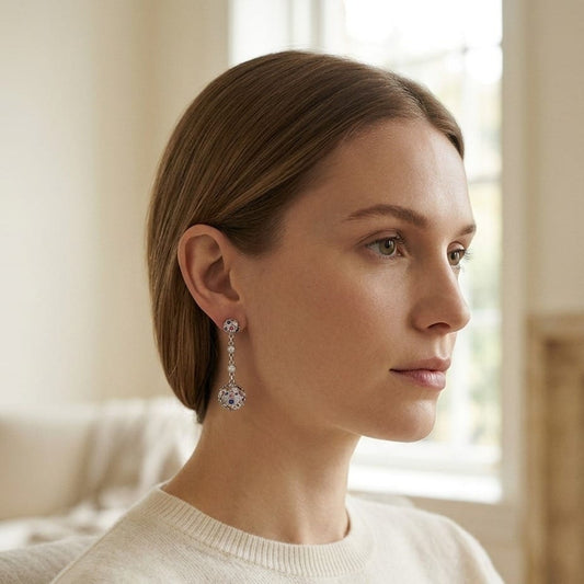 14K Gold Sapphire & 1/2ct Diamond Earrings in 14K White Gold - editorial