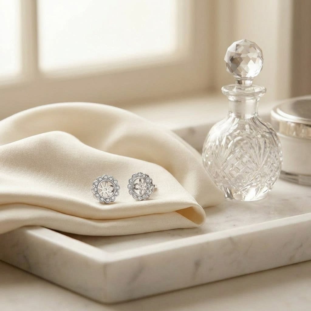 Diamond Halo Earrings in 14K White Gold, on marble vanity tray with silk