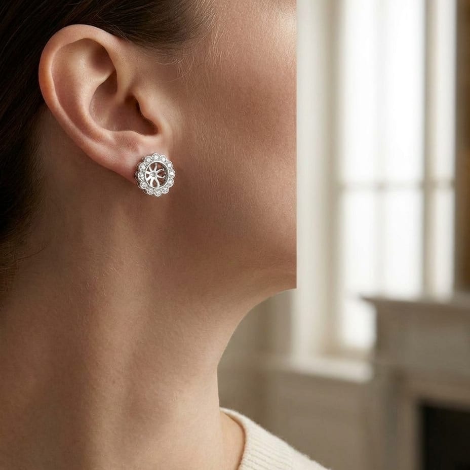 Diamond Halo Earrings in 14K White Gold, worn close-up portrait