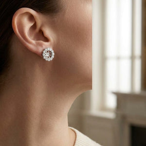 Diamond Halo Earrings in 14K White Gold, worn close-up portrait