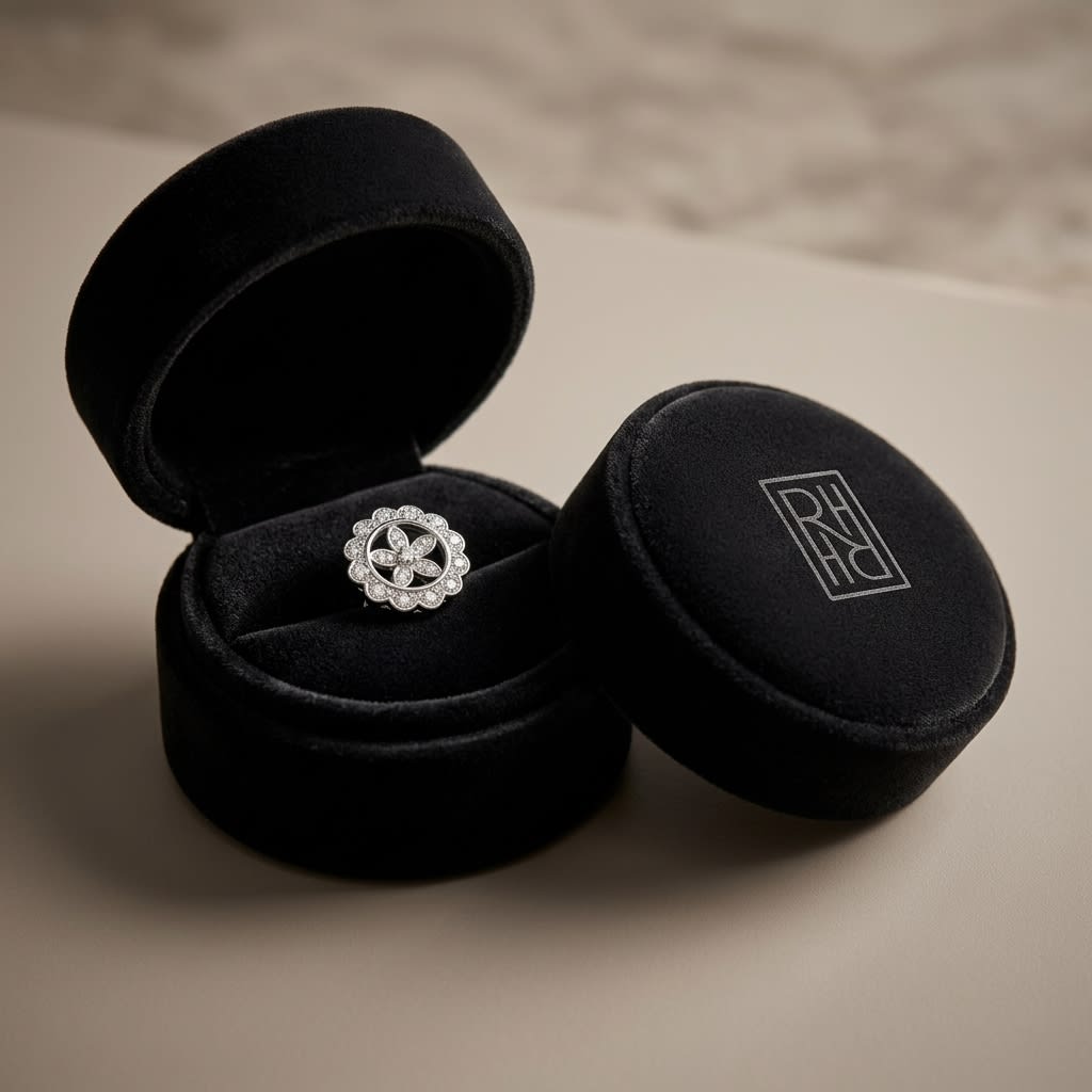 Diamond Halo Earrings in 14K White Gold, in navy velvet jewelry box