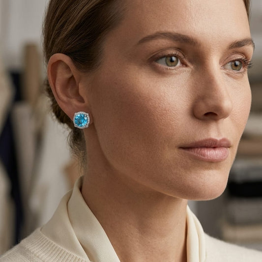Blue Topaz & Diamond Round Halo Pinched Corner Earrings in 14K White Gold - editorial