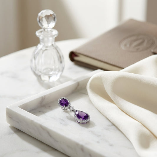 Amethyst & Diamond Pave Dangle Earrings in 14K White Gold - editorial