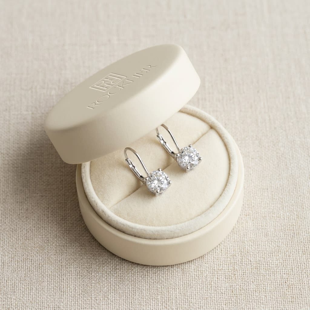 Diamond Lever Back Earrings in 14K White Gold, in navy velvet jewelry box