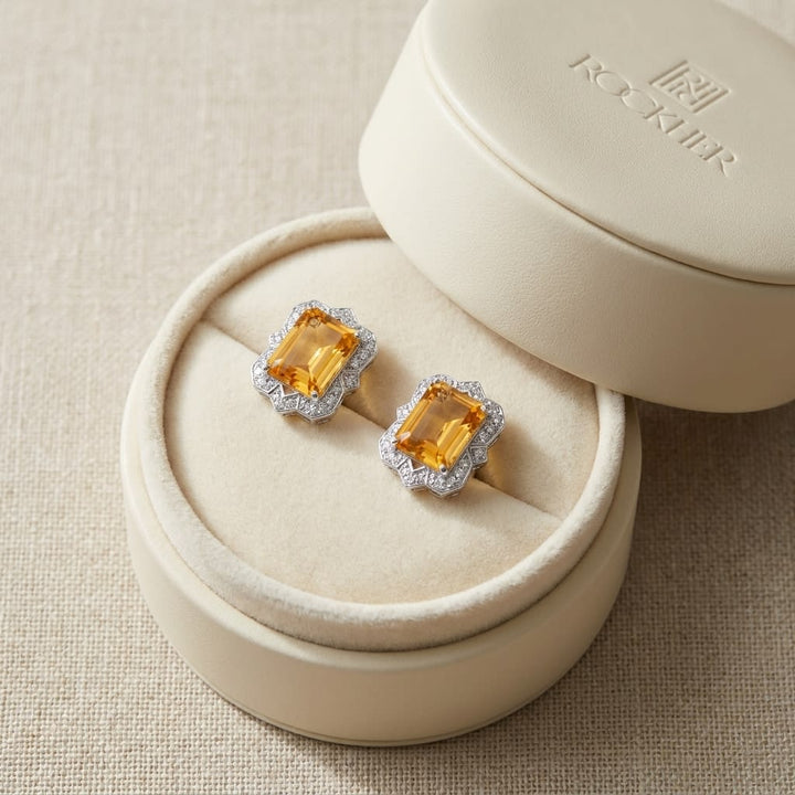 Citrine Emerald Cut Stud Earrings in 14K White Gold, in navy velvet jewelry box