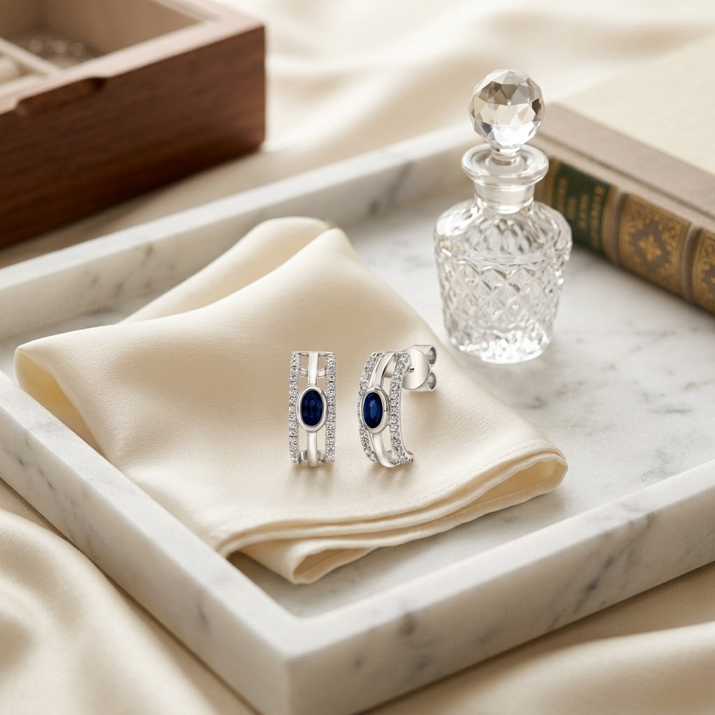 Sapphire & Diamond Open Work Earrings in 14K White Gold - lifestyle