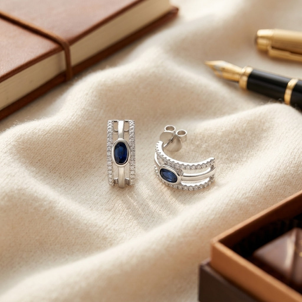 Sapphire & Diamond Open Work Earrings in 14K White Gold - flat lay