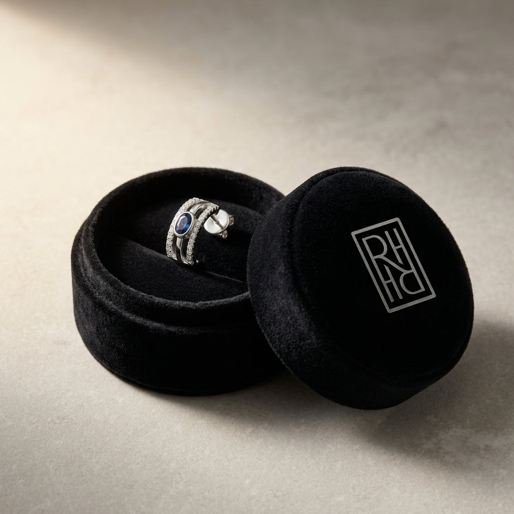 Sapphire & Diamond Open Work Earrings in 14K White Gold - presentation