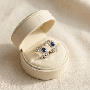 Sapphire Round Brilliant Stud Earrings in 14K White Gold, in navy velvet jewelry box
