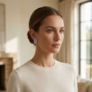 Tanzanite & Diamond Open Work Earrings in 14K White Gold - on model