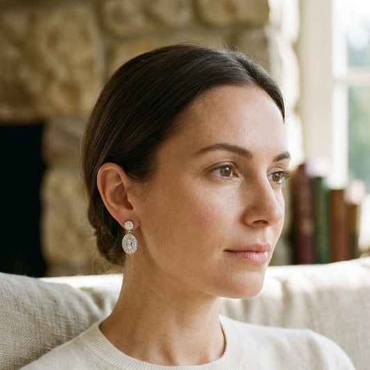 Diamond Oval Halo Dangle Earrings in 14K White Gold - editorial