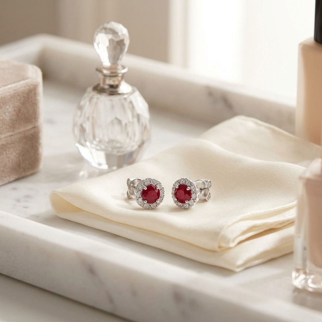 Ruby & Diamond Halo Earrings in 14K White Gold - editorial