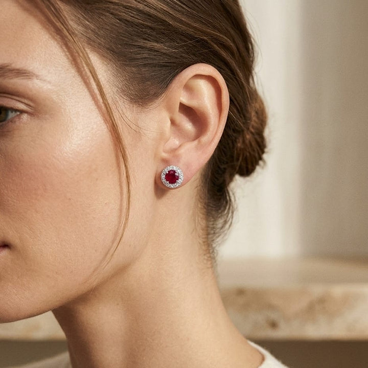 Ruby & Diamond Halo Earrings in 14K White Gold - lifestyle