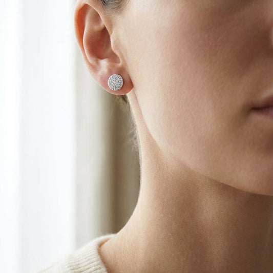 Natural Diamond Round Brilliant Stud Earrings in 14K White Gold, worn close-up portrait