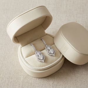 2 Stone Drop Earrings With Minaret Tips in 14K White Gold, in navy velvet jewelry box