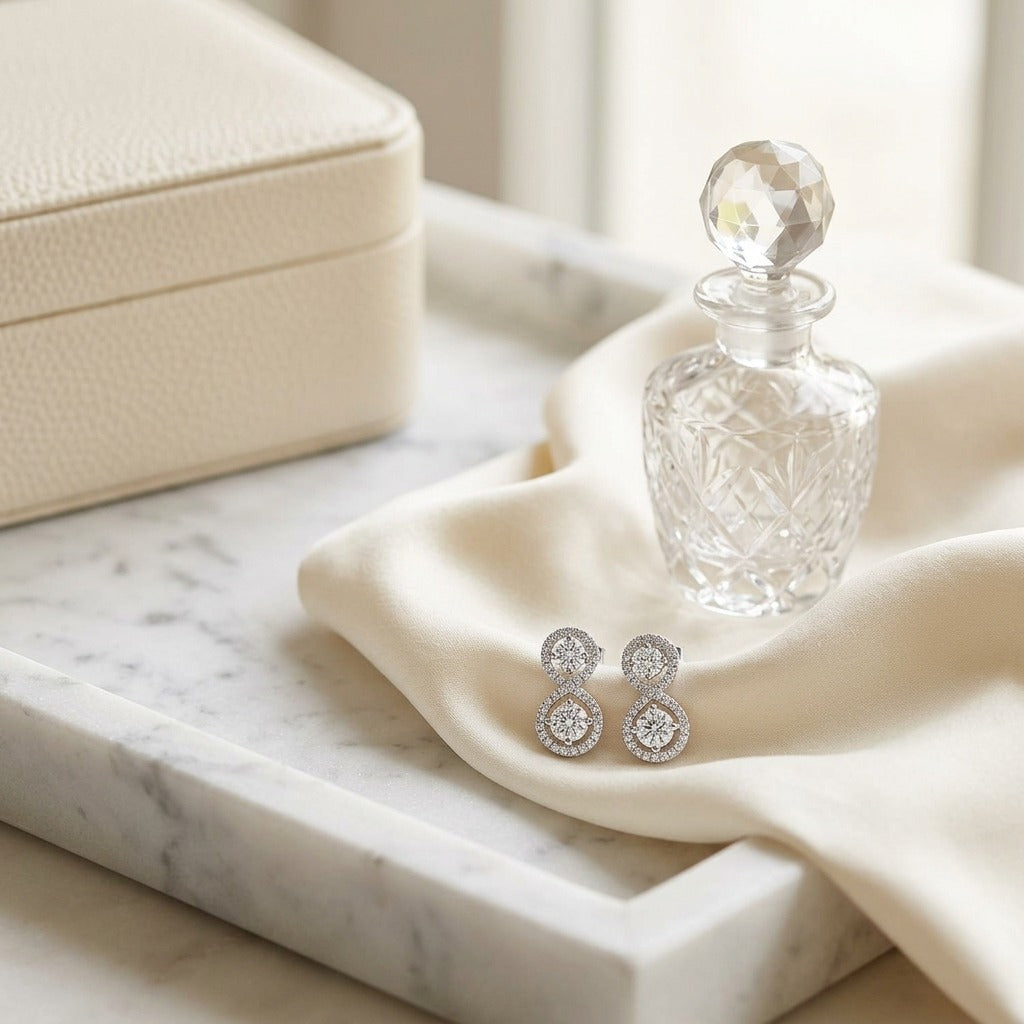 Double Diamond Infinity Pave Drop 2 Stone Earrings in 14K White Gold - editorial