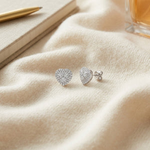 Diamond Cluster Heart Earrings 9/10ctw in 14K White Gold - flat lay