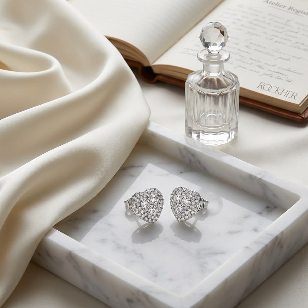 Natural Diamond Heart Shape Stud Earrings in 14K White Gold, on marble vanity tray with silk