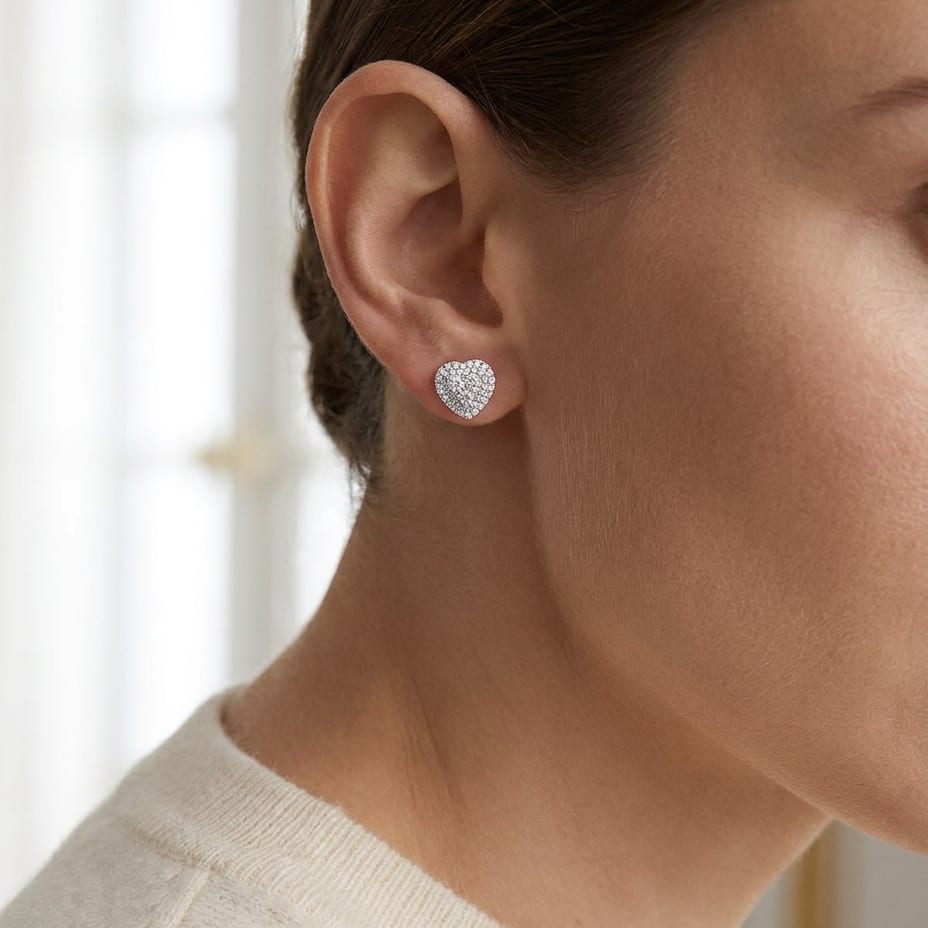 Natural Diamond Heart Shape Stud Earrings in 14K White Gold, worn close-up portrait
