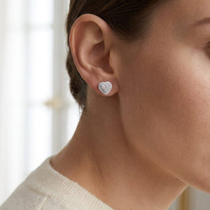 Natural Diamond Heart Shape Stud Earrings in 14K White Gold, worn close-up portrait