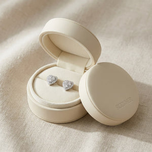 Natural Diamond Heart Shape Stud Earrings in 14K White Gold, in navy velvet jewelry box