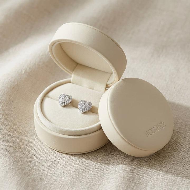 Natural Diamond Heart Shape Stud Earrings in 14K White Gold, in navy velvet jewelry box