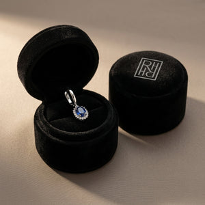 Sapphire Oval & Diamond Starburst Frame Earrings in 14K White Gold - presentation