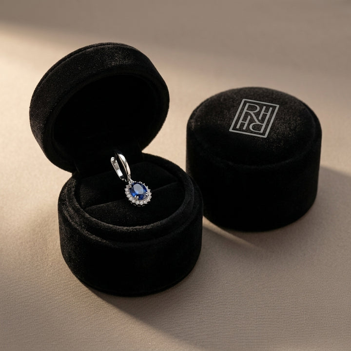 Sapphire Oval & Diamond Starburst Frame Earrings in 14K White Gold - presentation