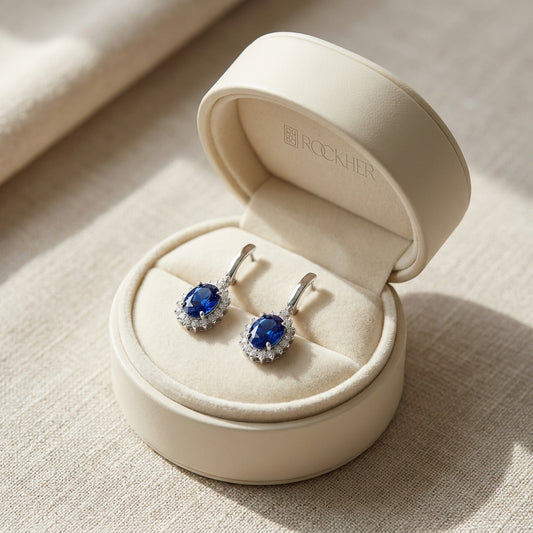 Sapphire Oval And Diamond Starburst Frame Earrings in 14K White Gold, in navy velvet jewelry box