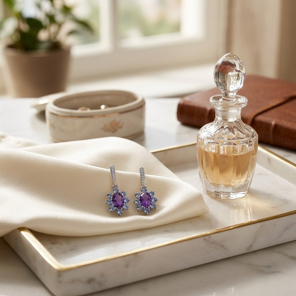 Amethyst, Iolite & Diamond Floral Drop Earrings in 14K White Gold - lifestyle