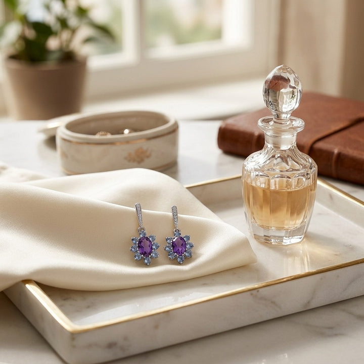 Amethyst, Iolite & Diamond Floral Drop Earrings in 14K White Gold - lifestyle