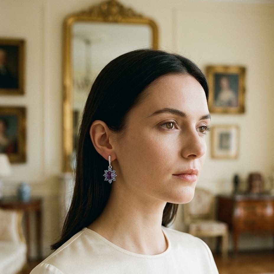 Amethyst, Iolite & Diamond Floral Drop Earrings in 14K White Gold - editorial