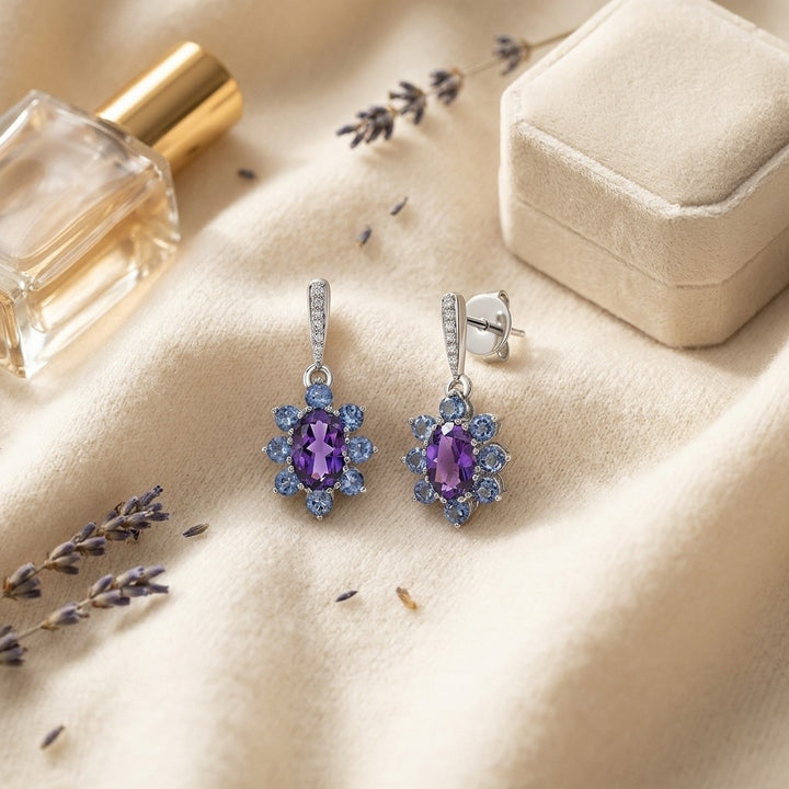 Amethyst, Iolite & Diamond Floral Drop Earrings in 14K White Gold - flat lay