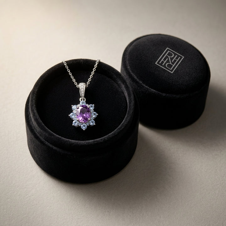 Amethyst, Iolite & Diamond Floral Drop Earrings in 14K White Gold - presentation