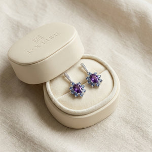 Amethyst, Iolite And Diamond Floral Drop Earrings in 14K White Gold, in navy velvet jewelry box