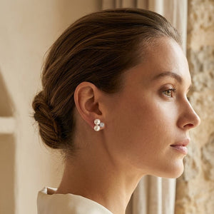White Pearl & Diamond Bezel Duo Earring in 14K White Gold - lifestyle