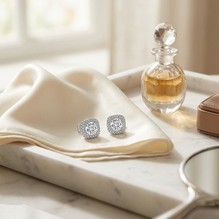 Diamond Pave Double Halo Earring in 14K White Gold - lifestyle
