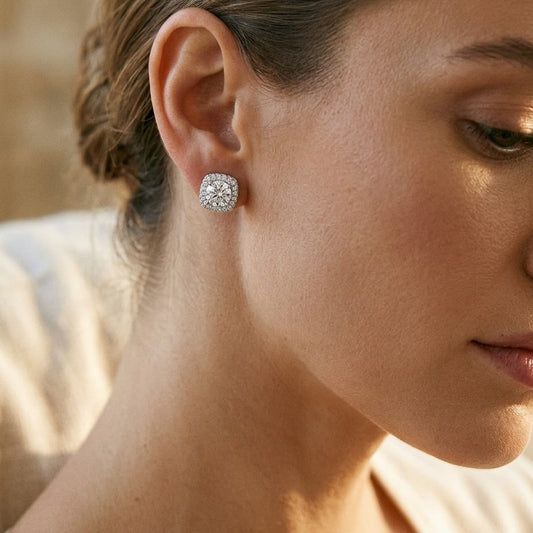 Diamond Pave Double Halo Earring in 14K White Gold - editorial
