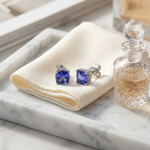 5 Millimeter Cushion Cut Tanzanite 4 Prong Studs in 14K White Gold - lifestyle