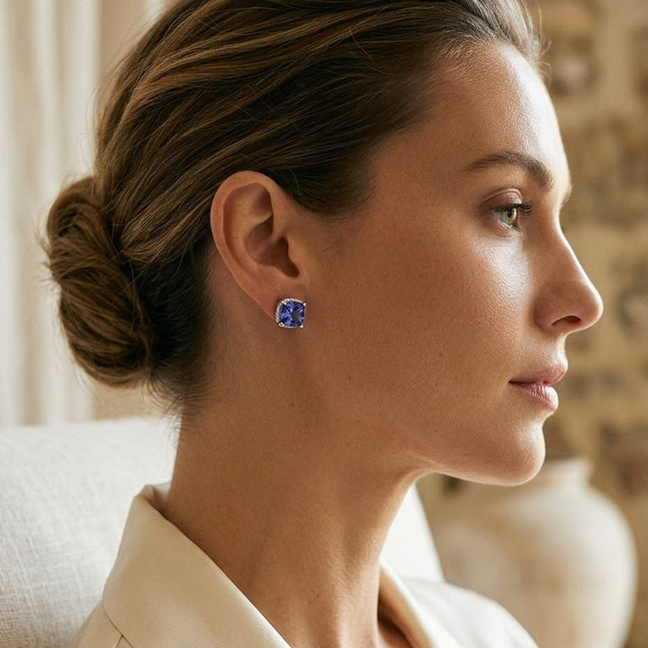 5 Millimeter Cushion Cut Tanzanite 4 Prong Studs in 14K White Gold - editorial