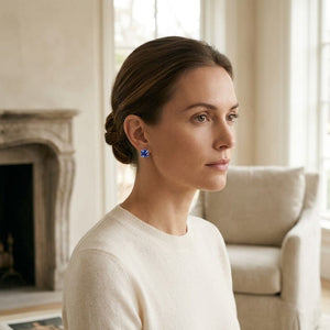 5 Millimeter Cushion Cut Tanzanite 4 Prong Studs in 14K White Gold - on model