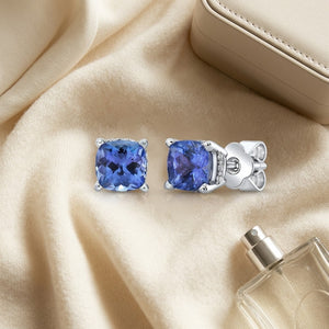 5 Millimeter Cushion Cut Tanzanite 4 Prong Studs in 14K White Gold - flat lay