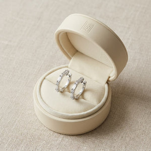 Diamond Baguette And Round Hoop Earrings in 14K White Gold, in navy velvet jewelry box