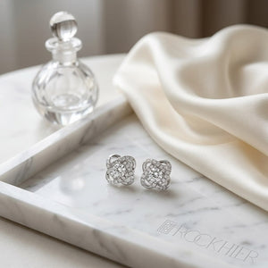 Natural Diamond Round Brilliant Stud Earrings in 14K White Gold, on marble vanity tray with silk