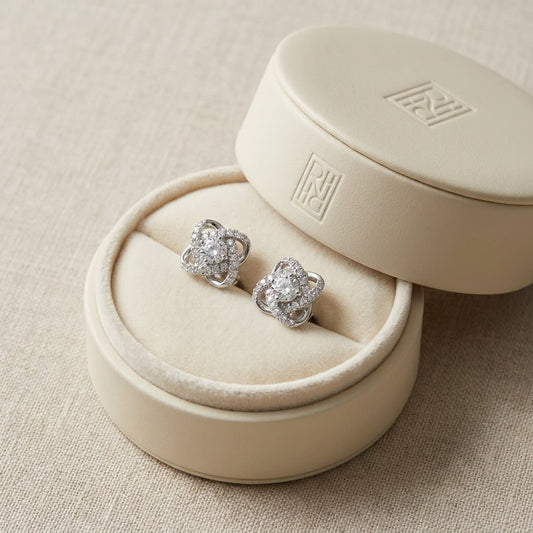 Natural Diamond Round Brilliant Stud Earrings in 14K White Gold, in navy velvet jewelry box