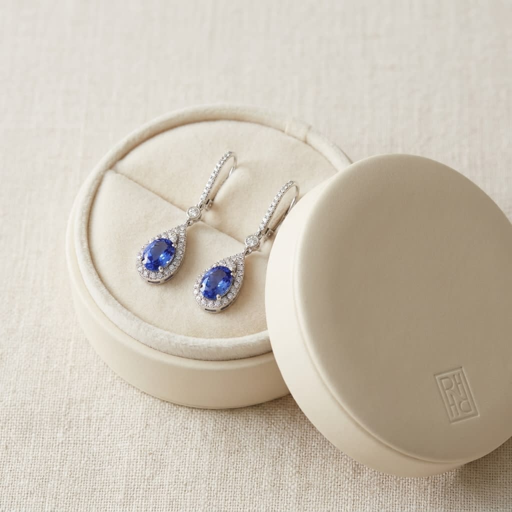 Tanzanite And Diamond Pave Drop Earrings in 14K White Gold, in navy velvet jewelry box